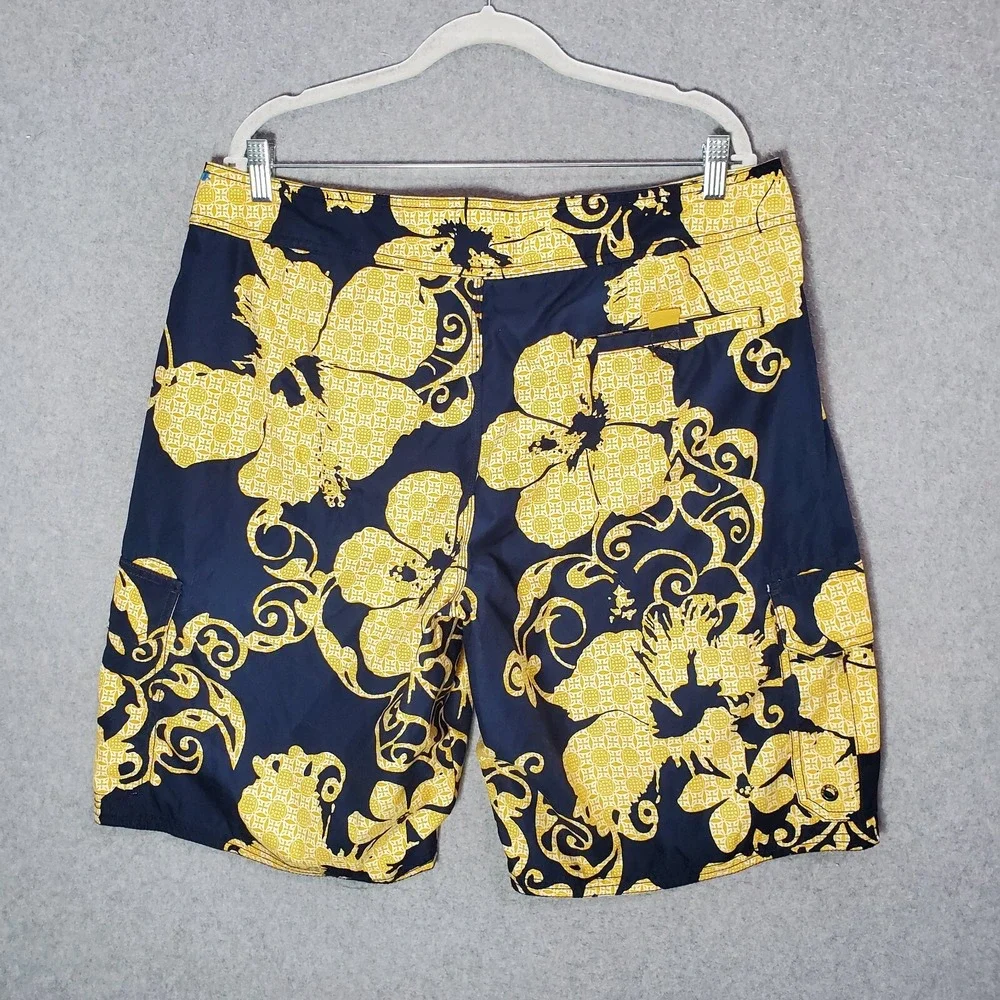 Old‎ Navy Men Swimwear Large Blue Floral Trunks Cargo Pockets Drawstring Hawaii